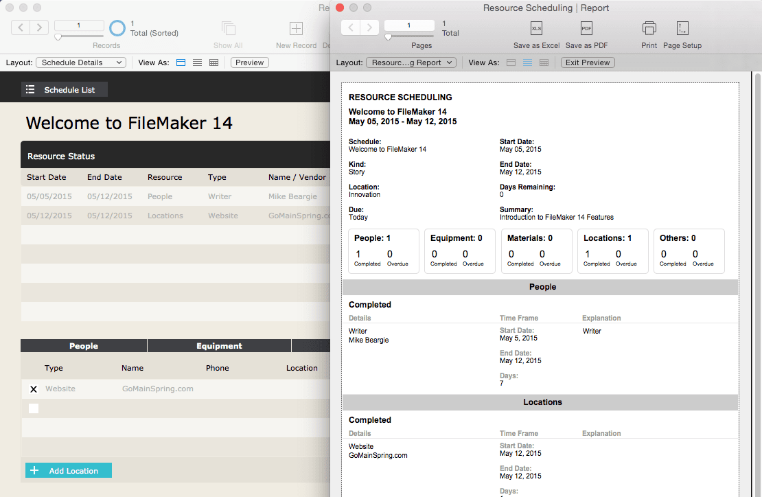 FileMaker 14 interface MainSpring Scheduling App